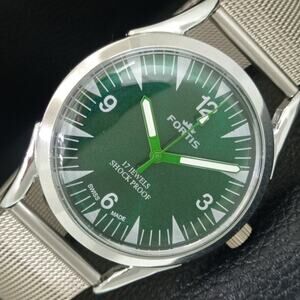 Vintage 1974 Fortis Manual Mens Silver Watch W/Steel Strap & Green accents